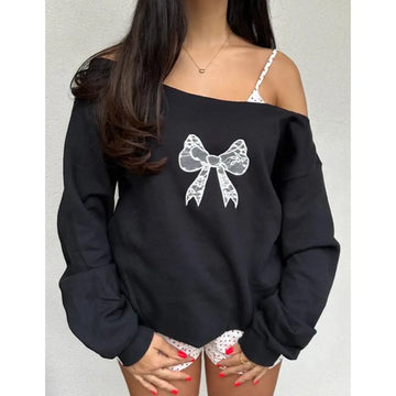MQTIME  -  Women's Y2K Off-Shoulder Hoodies Sweatshirts Cute Aesthetic Print Loose Long Sleeve Pullovers Casual Tops Streetwear